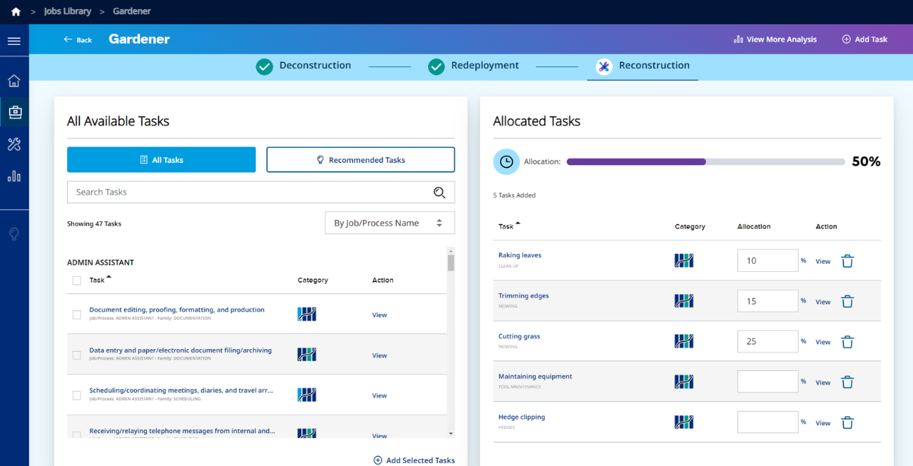 Screenshot of Jobs Library tool in reconstruct view